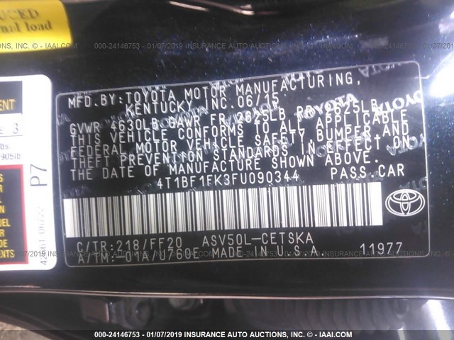 4T1BF1FK3FU090344 - 2015 TOYOTA CAMRY LE/XLE/SE/XSE BLACK photo 9