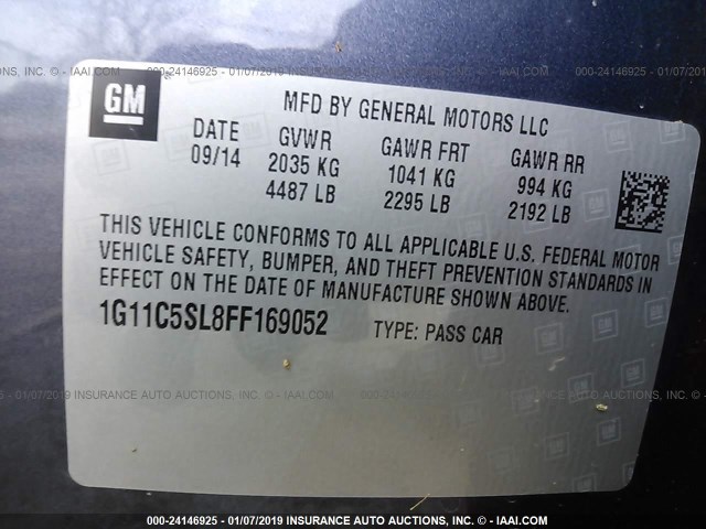 1G11C5SL8FF169052 - 2015 CHEVROLET MALIBU 1LT BLUE photo 9