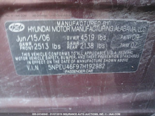 5NPEU46F97H192982 - 2007 HYUNDAI SONATA SE/LIMITED MAROON photo 9