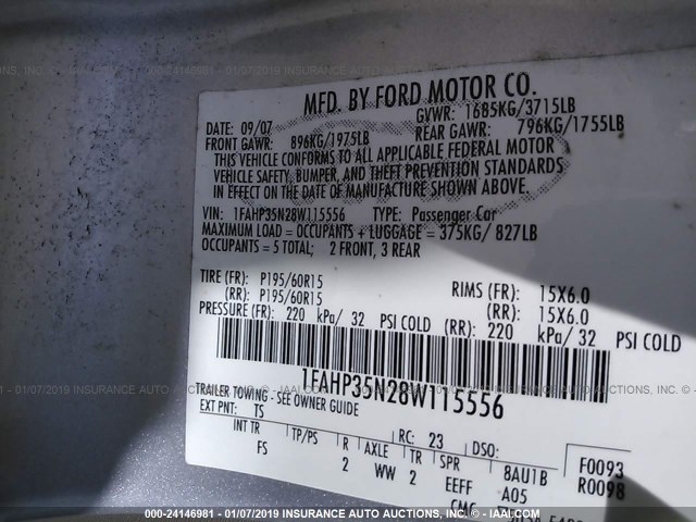 1FAHP35N28W115556 - 2008 FORD FOCUS SE/SEL/SES SILVER photo 9