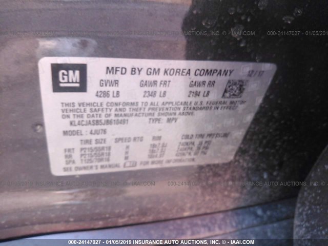 KL4CJASB5JB610491 - 2018 BUICK ENCORE PREFERRED GRAY photo 9