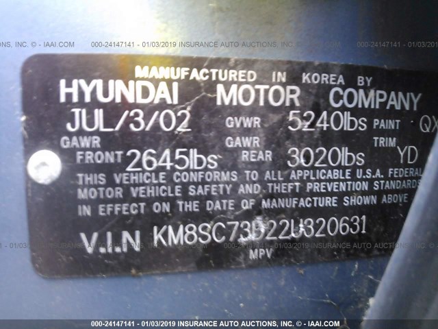 KM8SC73D22U320631 - 2002 HYUNDAI SANTA FE GLS/LX BLUE photo 9