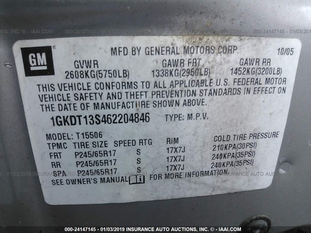 1GKDT13S462204846 - 2006 GMC ENVOY SILVER photo 9