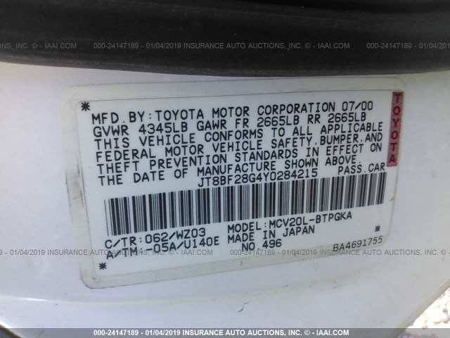 JT8BF28G4Y0284215 - 2000 LEXUS ES 300 WHITE photo 9