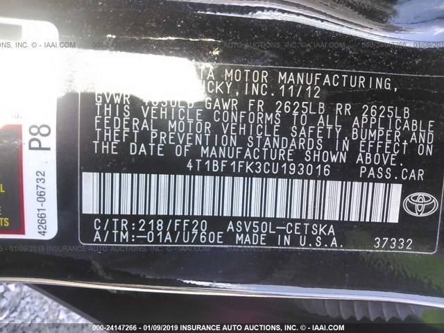 4T1BF1FK3CU193016 - 2012 TOYOTA CAMRY SE/LE/XLE BLACK photo 9