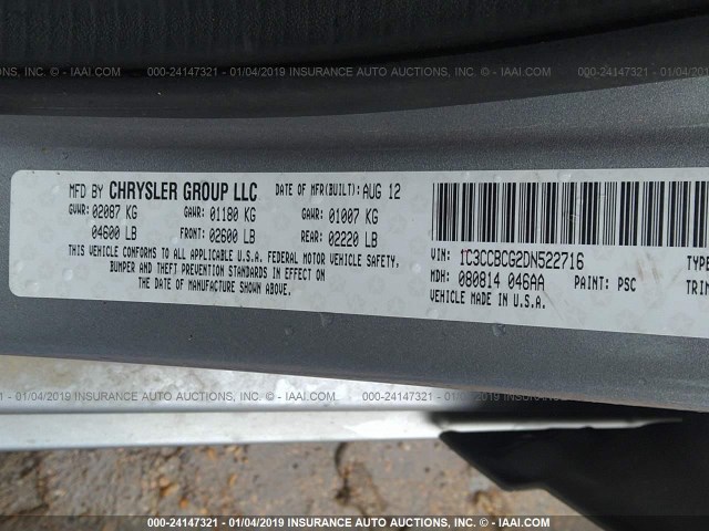 1C3CCBCG2DN522716 - 2013 CHRYSLER 200 LIMITED SILVER photo 9