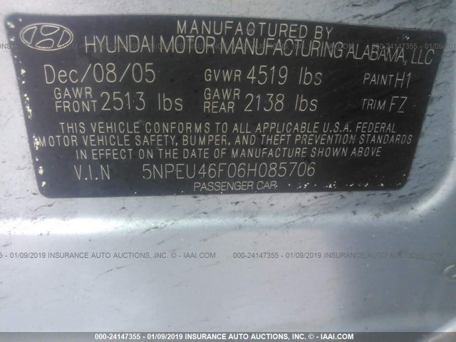 5NPEU46F06H085706 - 2006 HYUNDAI SONATA GLS/LX Light Blue photo 9