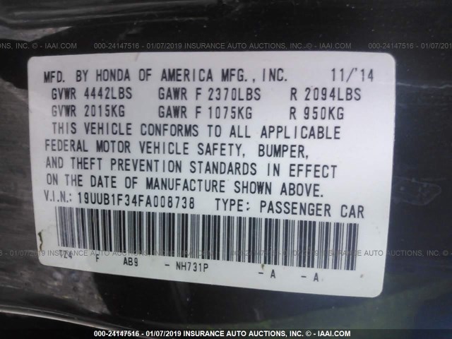 19UUB1F34FA008738 - 2015 ACURA TLX BLACK photo 9