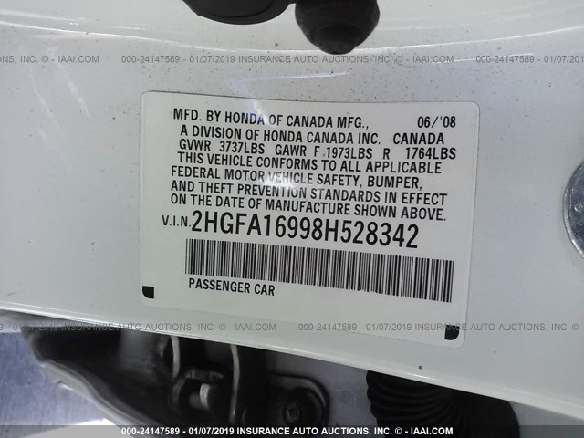 2HGFA16998H528342 - 2008 HONDA CIVIC EXL Ağ foto 9