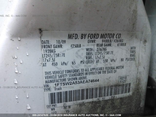 1FTSW2A53AEA74644 - 2010 FORD F250 SUPER DUTY WHITE photo 9