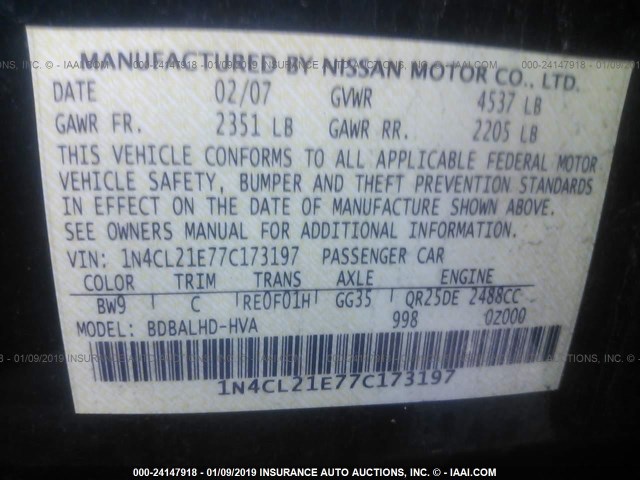 1N4CL21E77C173197 - 2007 NISSAN ALTIMA HYBRID Dark Blue photo 9