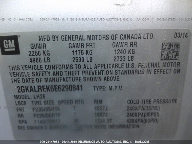 2GKALREK6E6290841 - 2014 GMC TERRAIN SLE SILVER photo 9