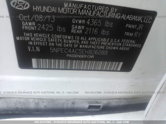 5NPEC4AC5EH826088 - 2014 HYUNDAI SONATA SE/LIMITED WHITE photo 9