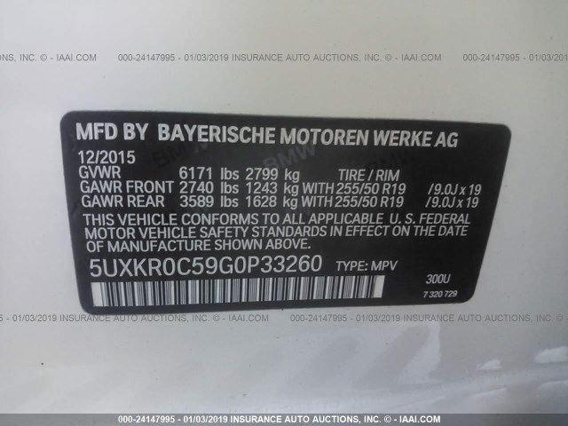 5UXKR0C59G0P33260 - 2016 BMW X5 XDRIVE35I WHITE photo 9