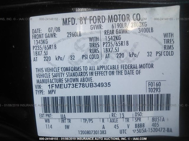 1FMEU73E78UB34935 - 2008 FORD EXPLORER XLT BLACK photo 9