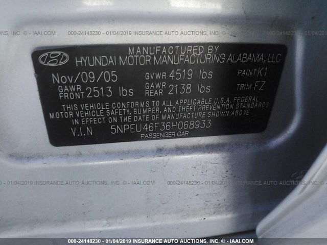 5NPEU46F36H068933 - 2006 HYUNDAI SONATA GLS/LX SILVER photo 9