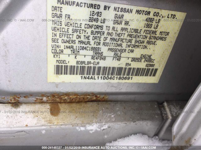 1N4AL11D04C180691 - 2004 NISSAN ALTIMA S/SL SILVER photo 9