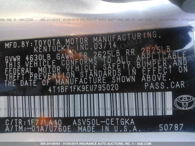 4T1BF1FK9EU795020 - 2014 TOYOTA CAMRY L/SE/LE/XLE SILVER photo 9