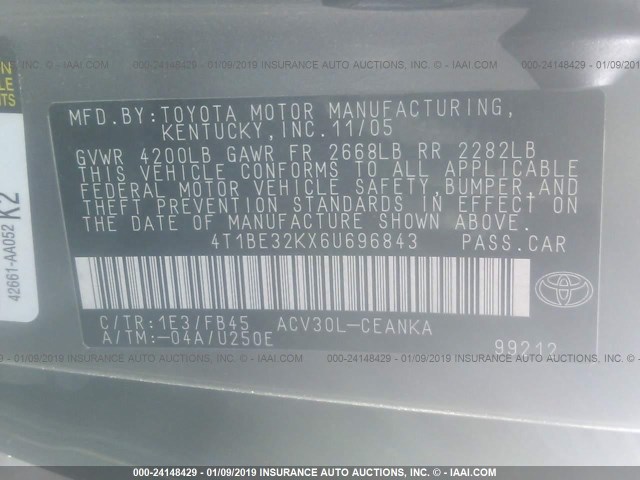 4T1BE32KX6U696843 - 2006 TOYOTA CAMRY LE/XLE/SE GRAY photo 9