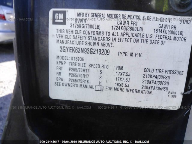 3GYEK63N93G213209 - 2003 CADILLAC ESCALADE BLACK photo 9