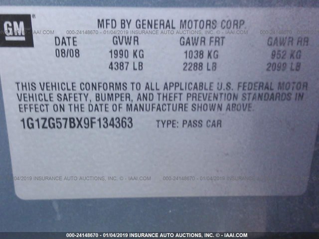 1G1ZG57BX9F134363 - 2009 CHEVROLET MALIBU LS Light Blue photo 9