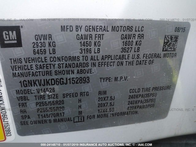 1GNKVJKD6GJ152893 - 2016 CHEVROLET TRAVERSE LTZ WHITE photo 9