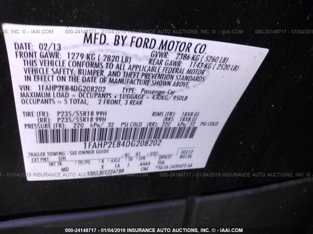 1FAHP2E84DG208202 - 2013 FORD TAURUS SEL BLACK photo 9