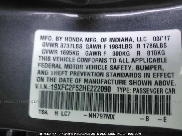 19XFC2F52HE222090 - 2017 HONDA CIVIC GRAY photo 9