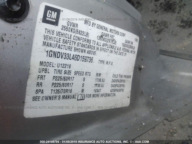 1GNDV33L46D159736 - 2006 CHEVROLET UPLANDER LT SILVER photo 9