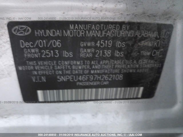 5NPEU46F97H262108 - 2007 HYUNDAI SONATA SE/LIMITED SILVER photo 9