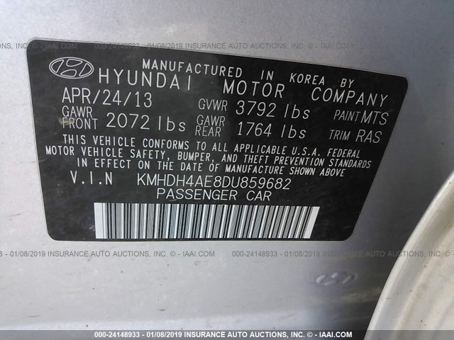 KMHDH4AE8DU859682 - 2013 HYUNDAI ELANTRA GLS/LIMITED SILVER photo 9