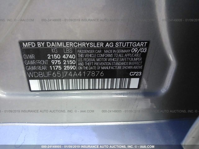 WDBUF65J74A417876 - 2004 MERCEDES-BENZ E 320 SILVER photo 9