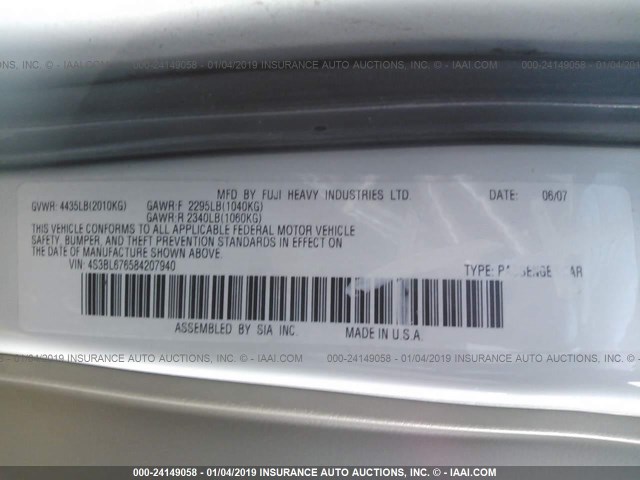 4S3BL676584207940 - 2008 SUBARU LEGACY GT LIMITED WHITE photo 9