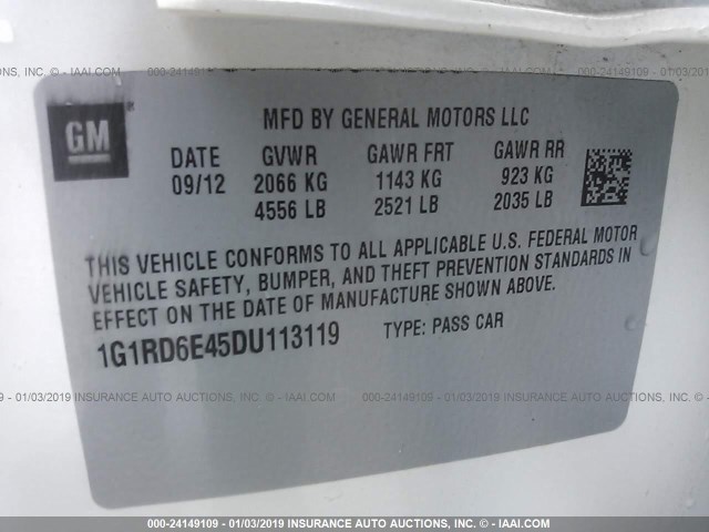 1G1RD6E45DU113119 - 2013 CHEVROLET VOLT WHITE photo 9