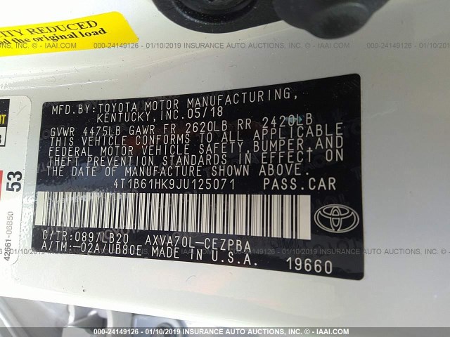 4T1B61HK9JU125071 - 2018 TOYOTA CAMRY XSE WHITE photo 9