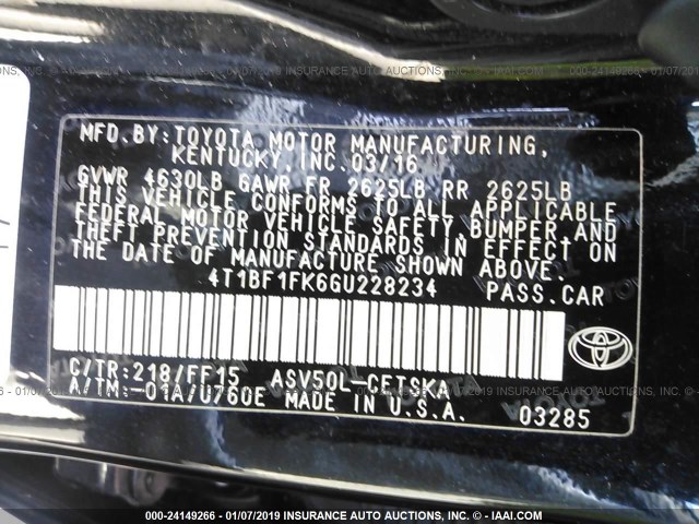 4T1BF1FK6GU228234 - 2016 TOYOTA CAMRY LE/XLE/SE/XSE 黑色 照片 9