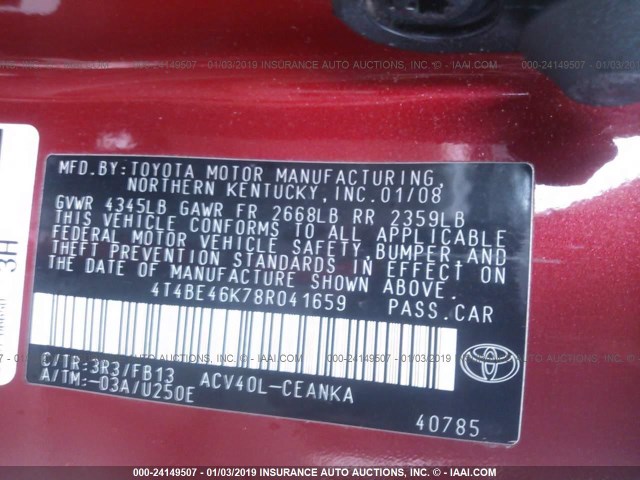 4T4BE46K78R041659 - 2008 TOYOTA CAMRY CE/LE/XLE/SE RED photo 9