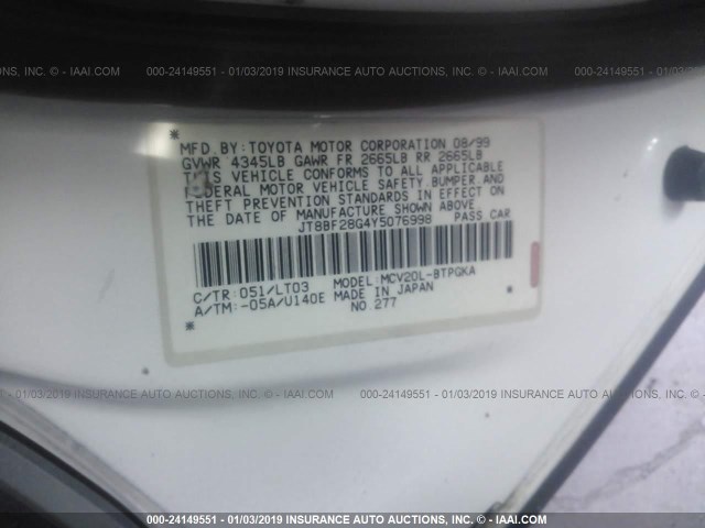 JT8BF28G4Y5076998 - 2000 LEXUS ES 300 WHITE photo 9