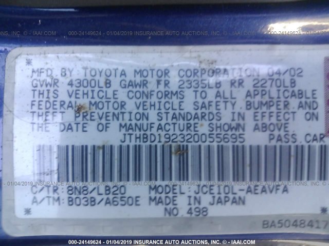 JTHBD192320055695 - 2002 LEXUS IS 300 BLUE photo 9