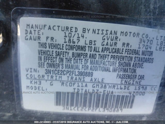 3N1CE2CP2FL390889 - 2015 NISSAN VERSA NOTE S/S PLUS/SV/SL/SR BLACK photo 9