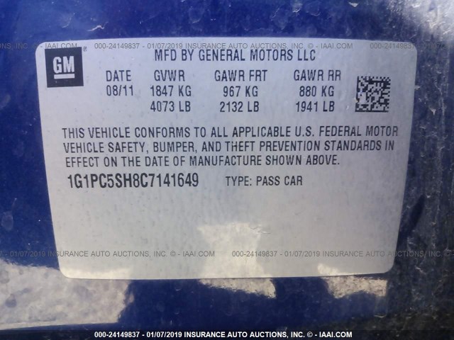 1G1PC5SH8C7141649 - 2012 CHEVROLET CRUZE LS BLUE photo 9