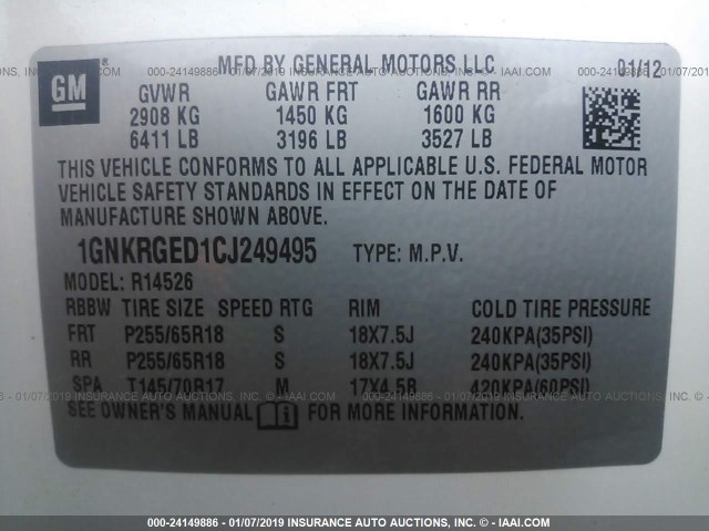 1GNKRGED1CJ249495 - 2012 CHEVROLET TRAVERSE LT CREAM photo 9