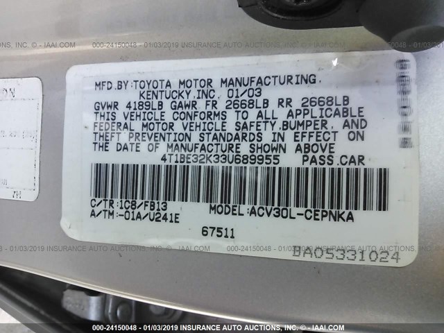 4T1BE32K33U689955 - 2003 TOYOTA CAMRY LE/XLE/SE GRAY photo 9