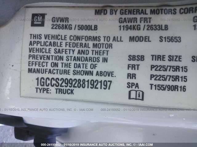 1GCCS299288192197 - 2008 CHEVROLET COLORADO LS WHITE photo 9