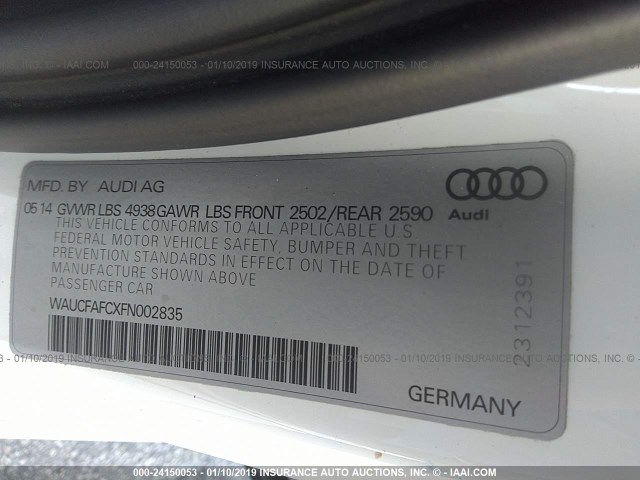 WAUCFAFCXFN002835 - 2015 AUDI A6 PREMIUM WHITE photo 9