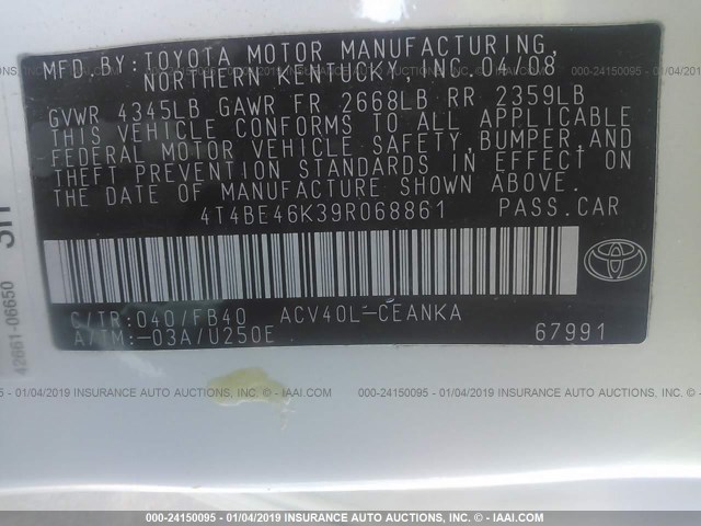 4T4BE46K39R068861 - 2009 TOYOTA CAMRY SE/LE/XLE 白色 照片 9