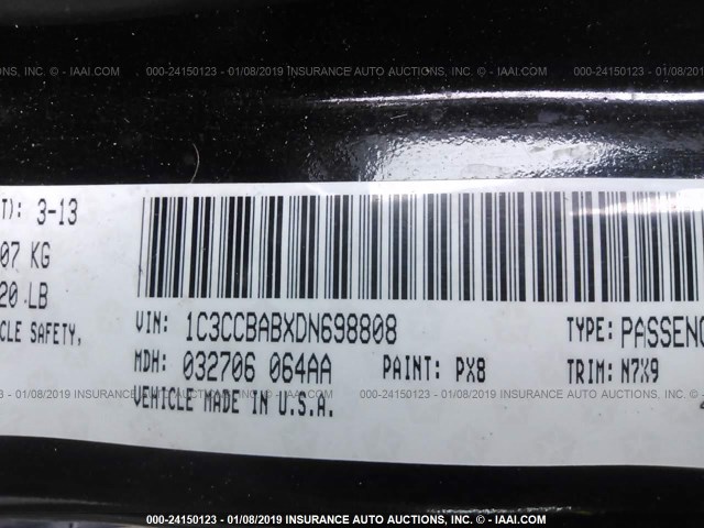 1C3CCBABXDN698808 - 2013 CHRYSLER 200 LX BLACK photo 9