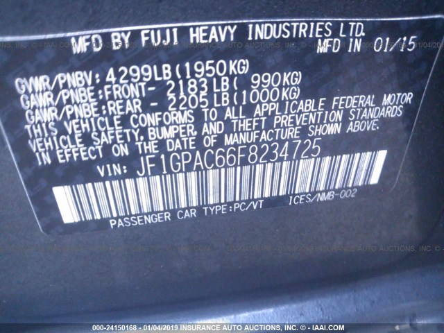JF1GPAC66F8234725 - 2015 SUBARU IMPREZA PREMIUM ნაცრისფერი ფოტო 9