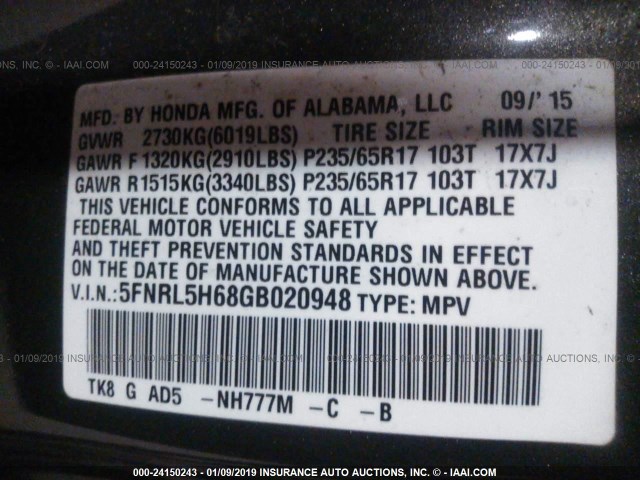 5FNRL5H68GB020948 - 2016 HONDA ODYSSEY EXL GRAY photo 9