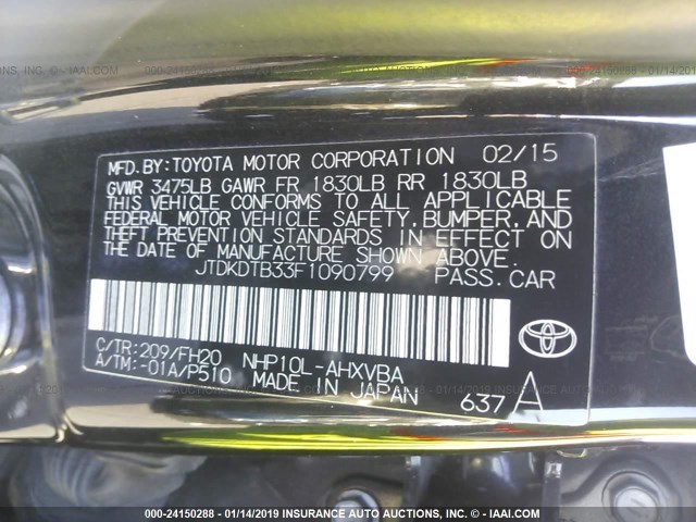 JTDKDTB33F1090799 - 2015 TOYOTA PRIUS C BLACK photo 9